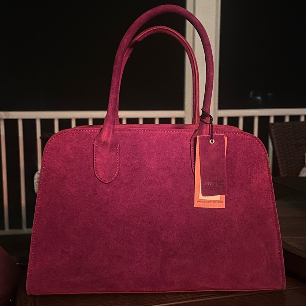 RARE Burgundy Red Margot New York 100% Suede Double Top Handle Bowling Bag